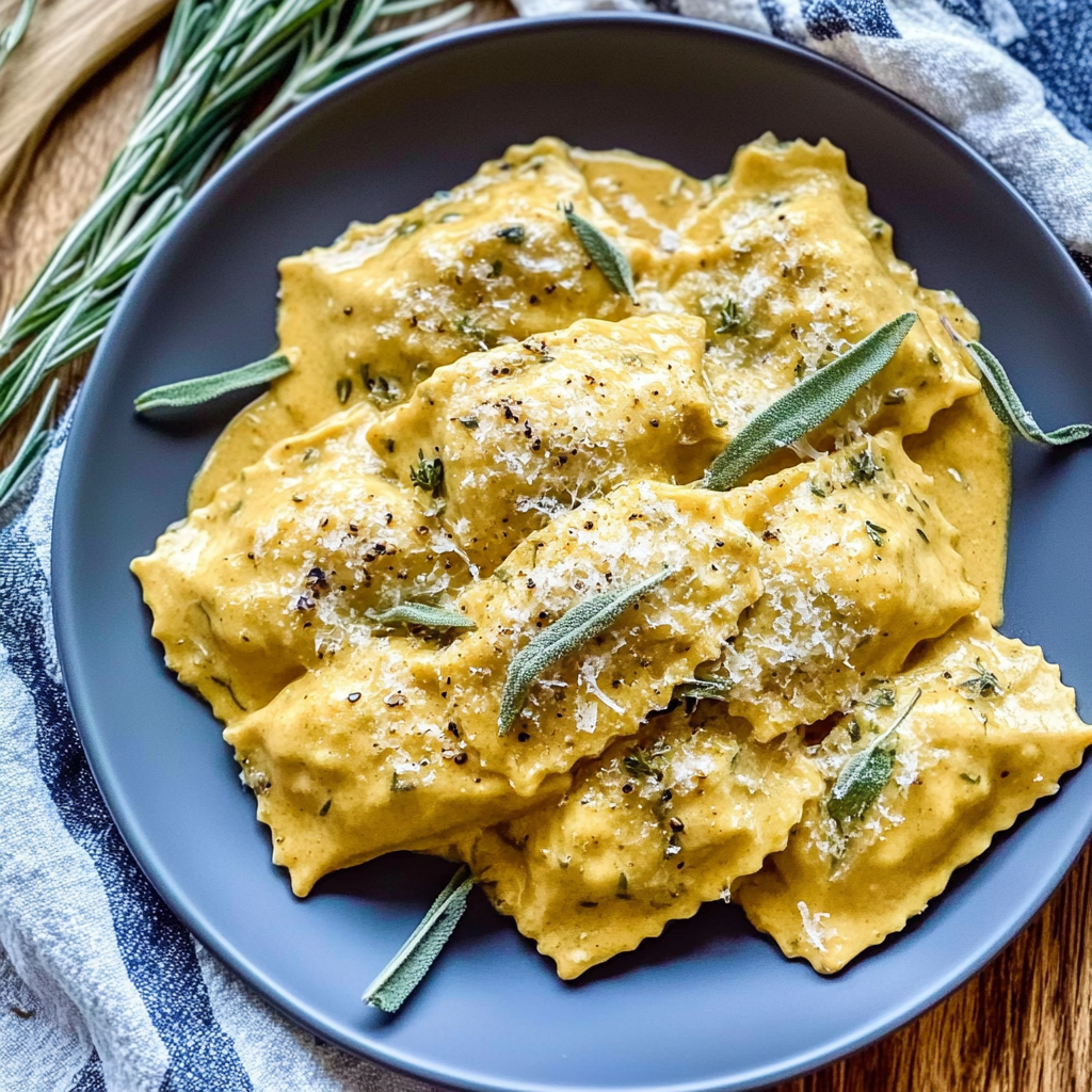 Savourez des raviolis faits maison nappés d'un velouté de citrouille crémeux. Une recette d'automne raffinée et pleine de saveurs!