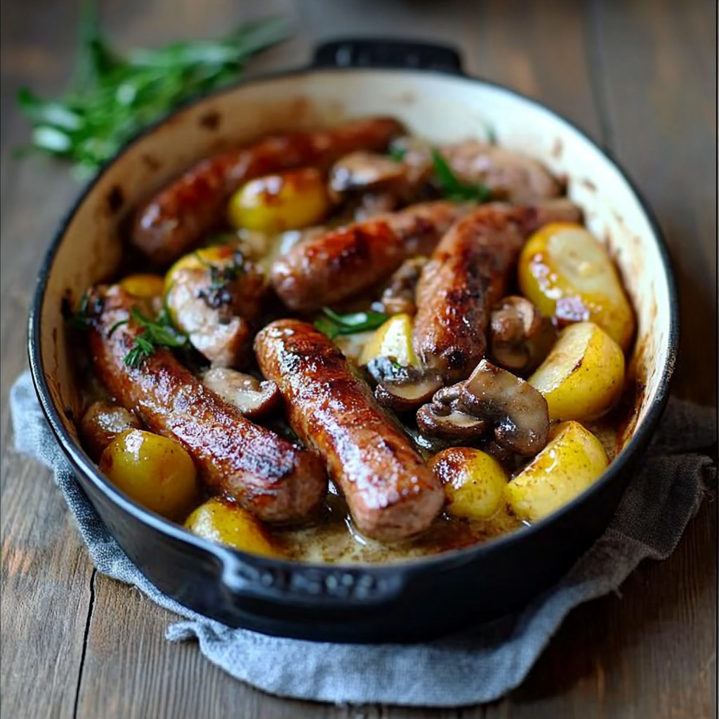 Saucisses champignons et pommes de terre au four