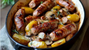 Saucisses champignons et pommes de terre au four