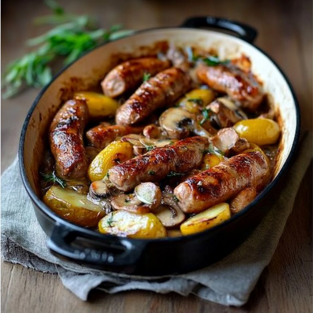 Saucisses champignons et pommes de terre au four