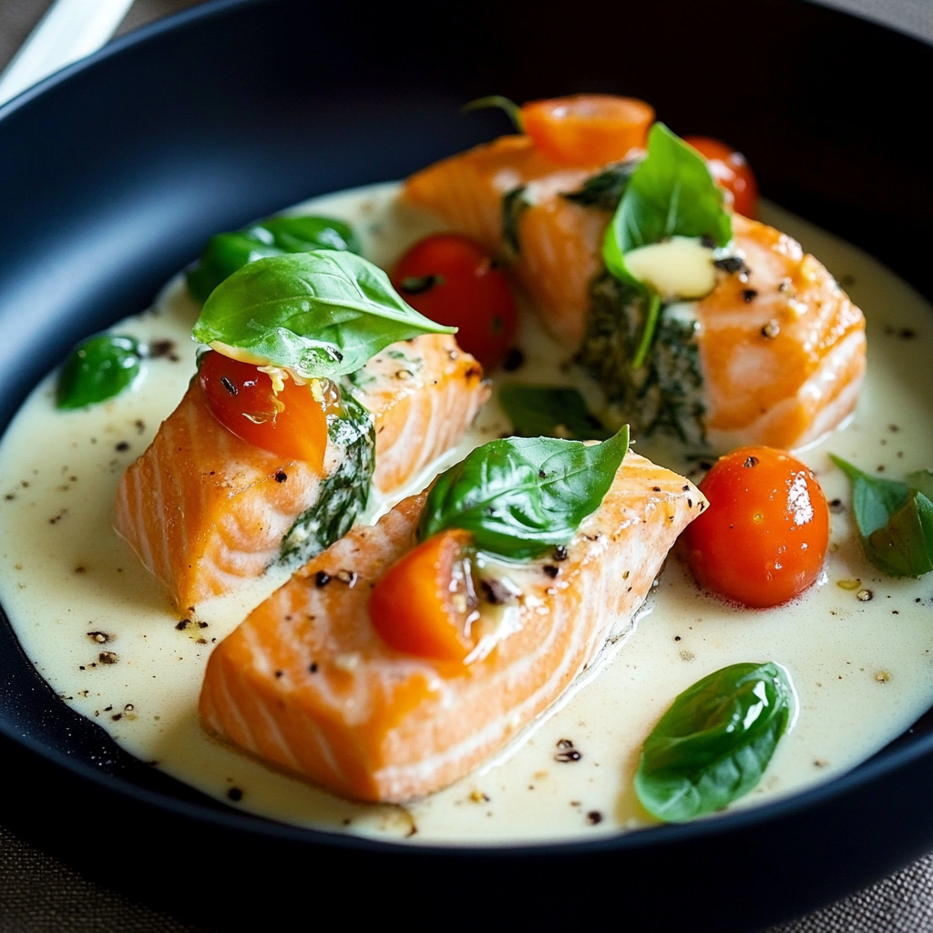 Voyage Culinaire en Toscane : Saumon Crémeux à l’Ail, Épinards et Tomates Séchées