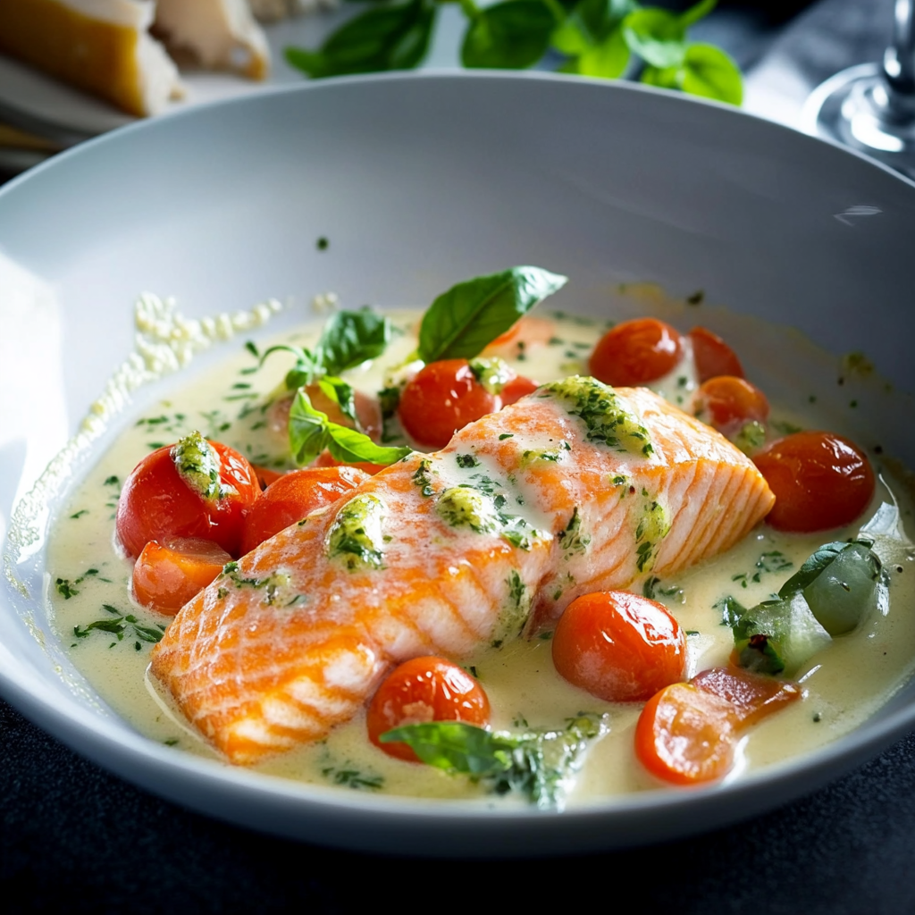 Voyage Culinaire en Toscane : Saumon Crémeux à l’Ail, Épinards et Tomates Séchées