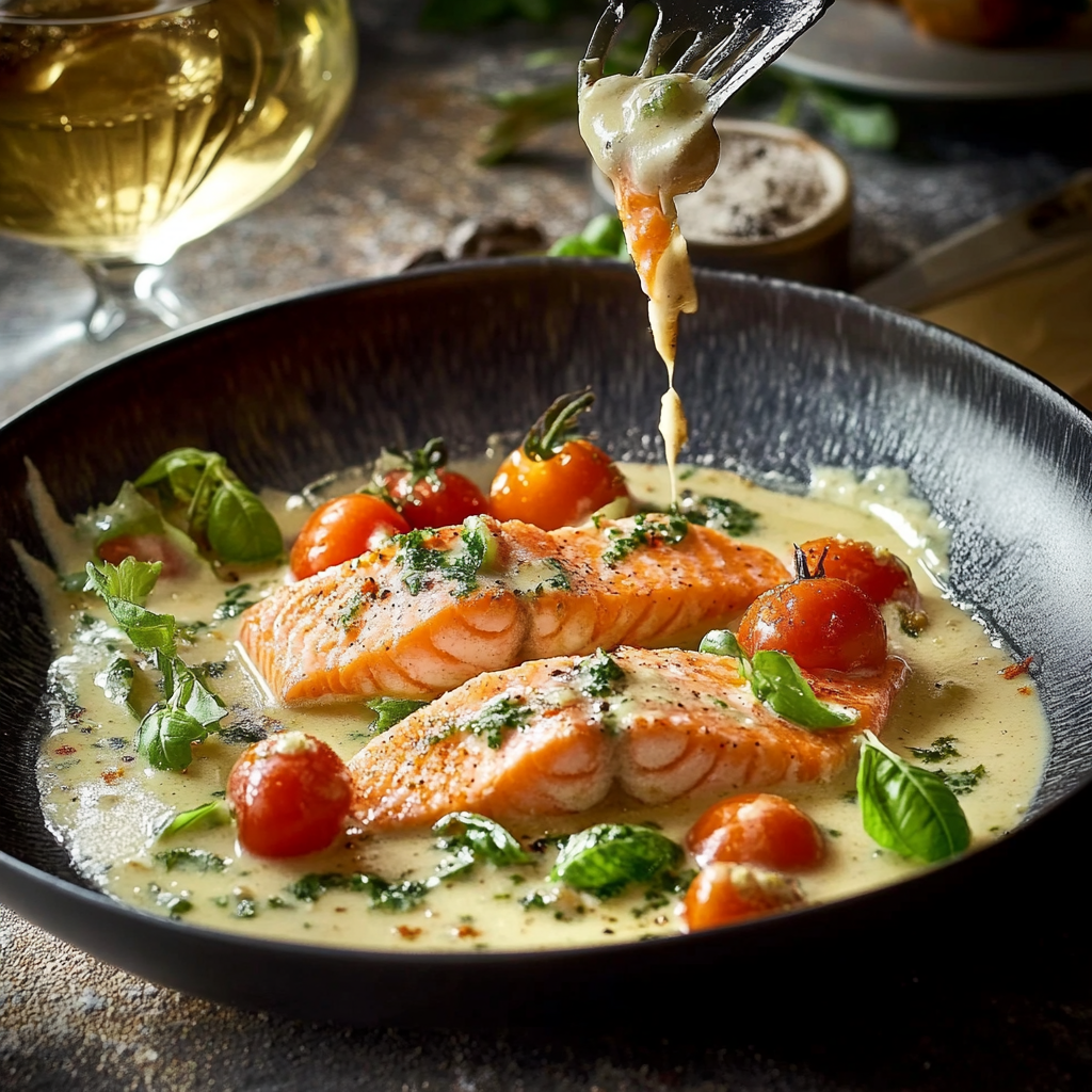Voyage Culinaire en Toscane : Saumon Crémeux à l’Ail, Épinards et Tomates Séchées