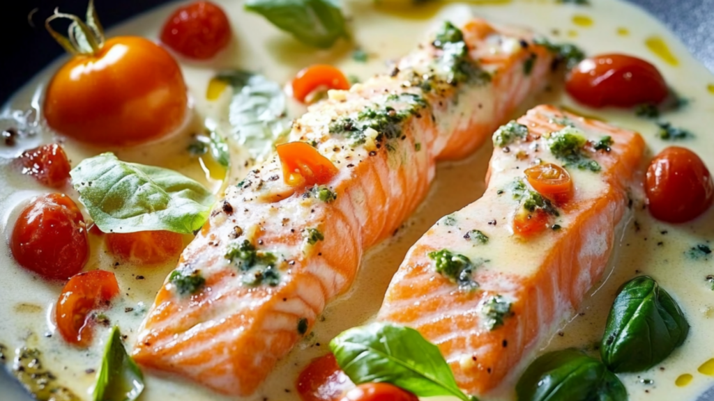 Voyage Culinaire en Toscane : Saumon Crémeux à l’Ail, Épinards et Tomates Séchées