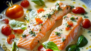 Voyage Culinaire en Toscane : Saumon Crémeux à l’Ail, Épinards et Tomates Séchées