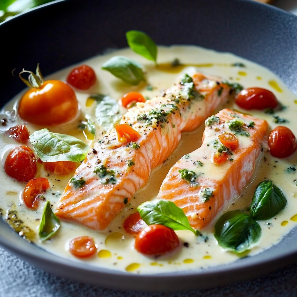 Voyage Culinaire en Toscane : Saumon Crémeux à l’Ail, Épinards et Tomates Séchées