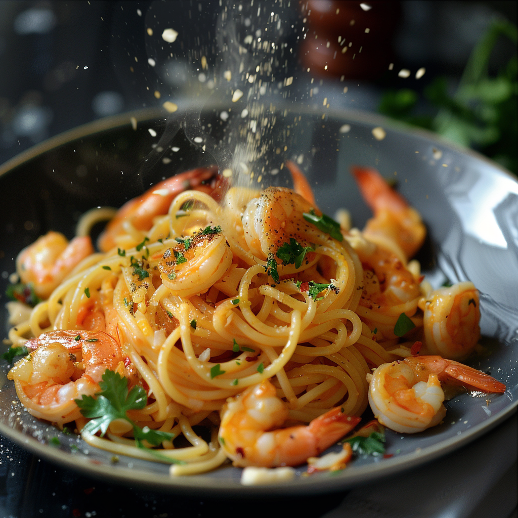 Spaghetti aux crevettes et beurre à l'ail