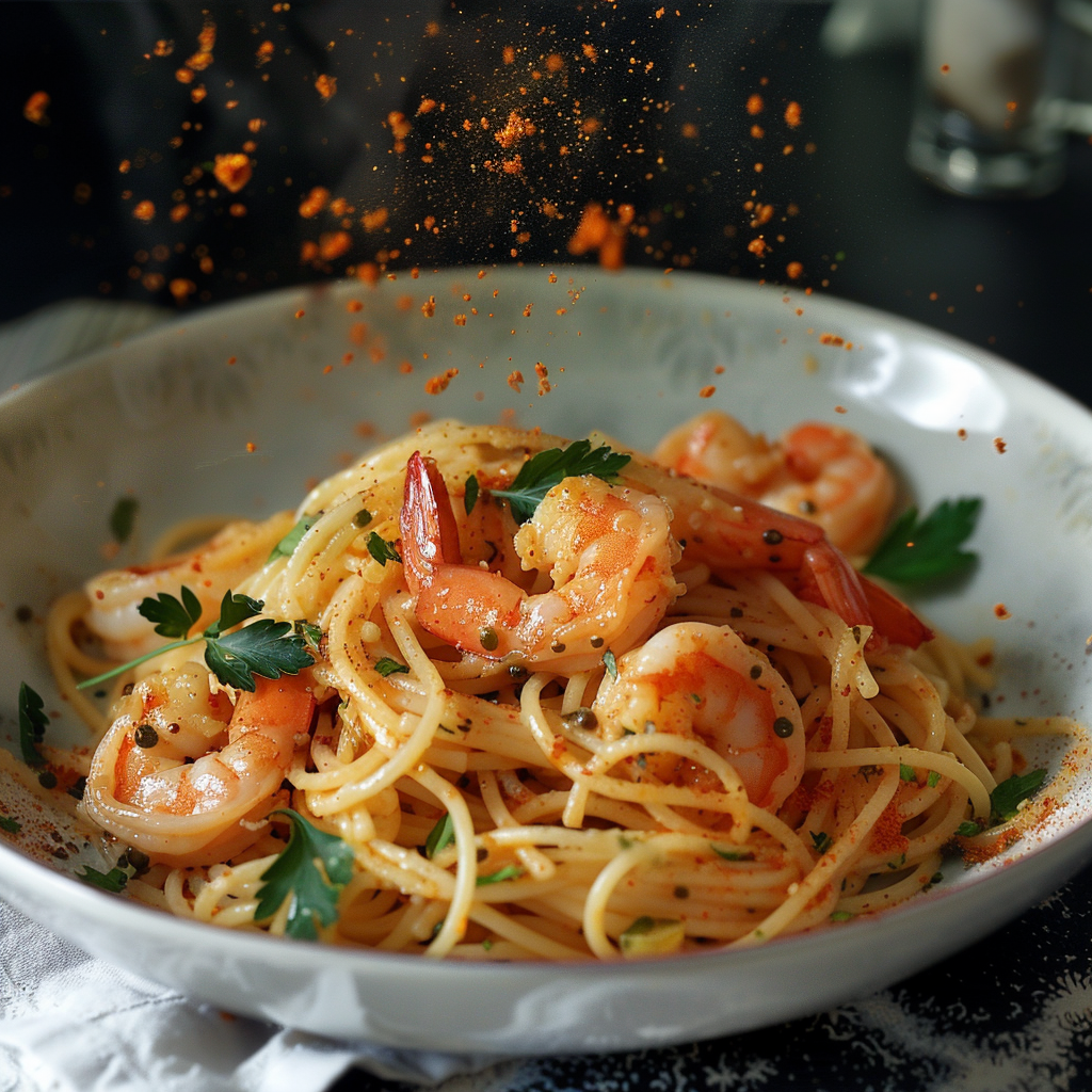 Spaghetti aux crevettes et beurre à l'ail