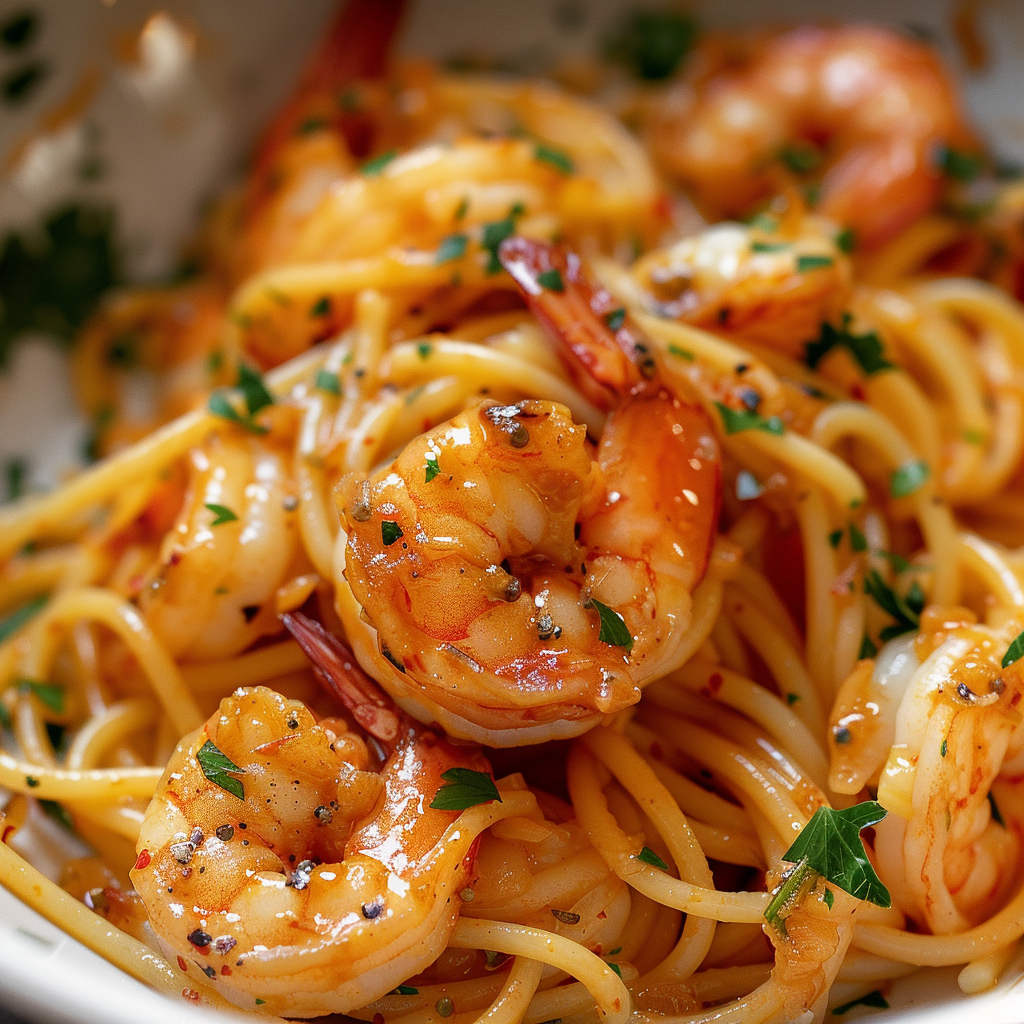 Spaghetti aux crevettes et beurre à l'ail