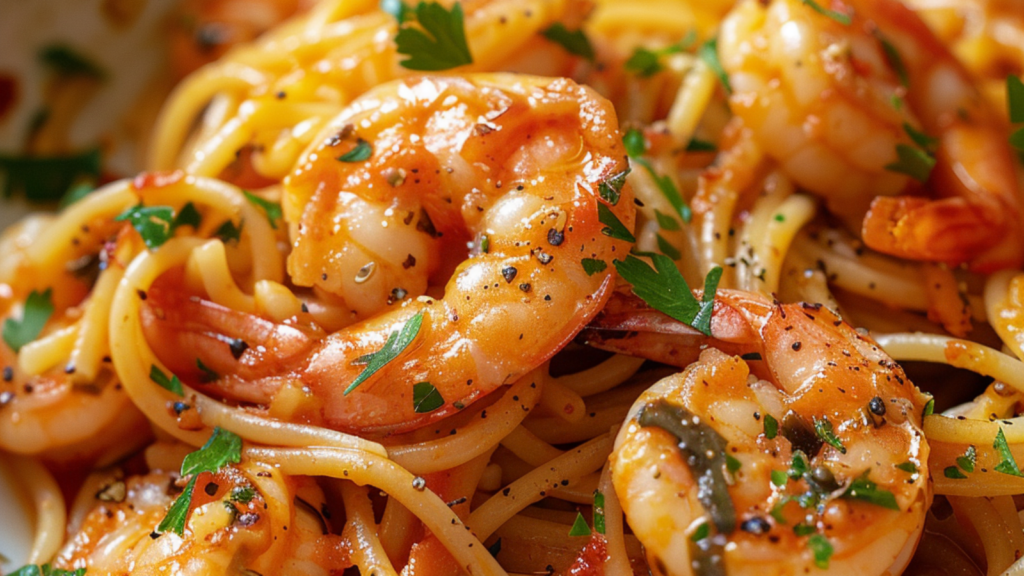 Spaghetti aux crevettes et beurre à l'ail