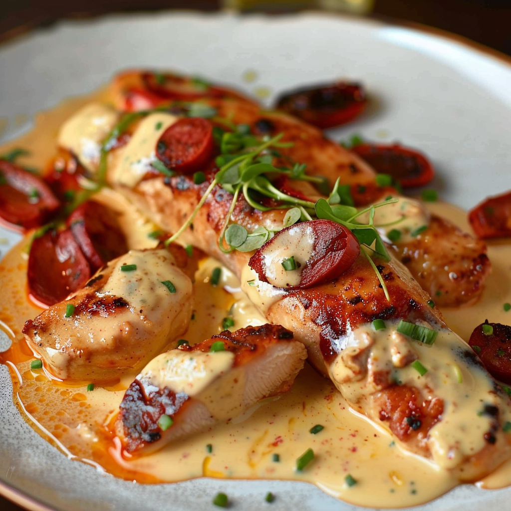 Recette facile d'aiguillettes de poulet avec sauce crémeuse au chorizo