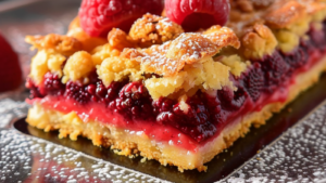 Carrés crousti-fondants aux framboises et amandes depuis recettemoderne.com