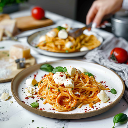 Spaghetti crème poivron rouge mozzarella Depuis recettemoderne.com