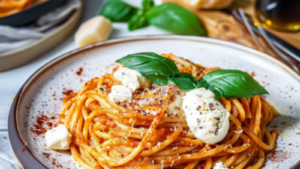 Spaghetti crème poivron rouge mozzarella Depuis recettemoderne.com
