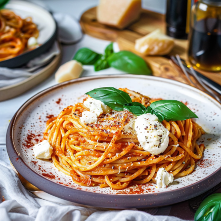 Spaghetti crème poivron rouge mozzarella Depuis recettemoderne.com