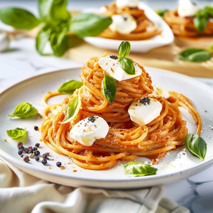 Spaghetti crème poivron rouge mozzarella Depuis recettemoderne.com