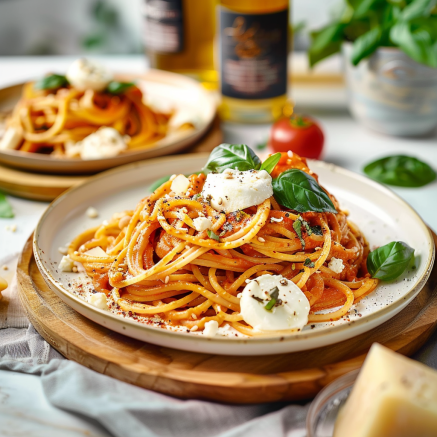 Spaghetti crème poivron rouge mozzarella Depuis recettemoderne.com