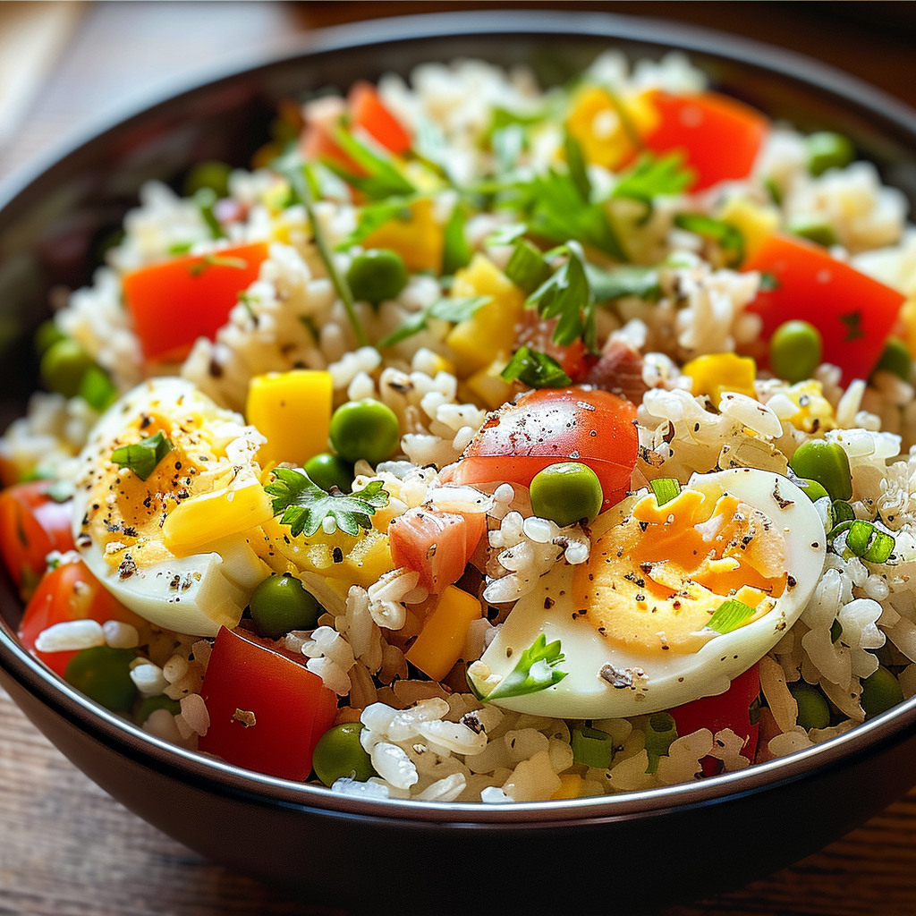 Salade de riz, thon et œufs depuis recettemoderne.com