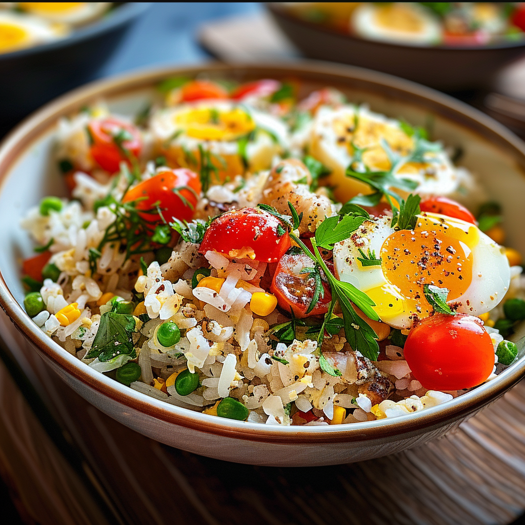 Salade de riz, thon et œufs depuis recettemoderne.com