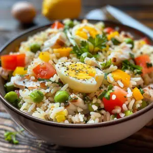 Salade de riz, thon et œufs depuis recettemoderne.com