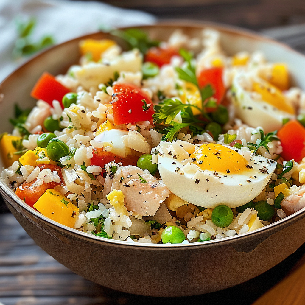 Salade de riz, thon et œufs depuis recettemoderne.com