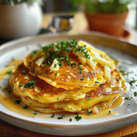 Pancakes Salés aux Pommes de Terre, Oignons et Mozzarella Depuis recettemoderne.com