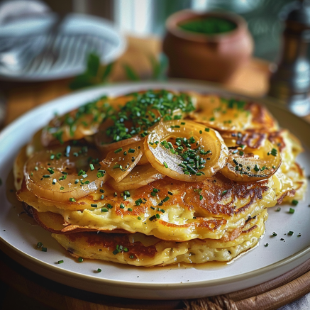 Pancakes Salés aux Pommes de Terre, Oignons et Mozzarella Depuis recettemoderne.com