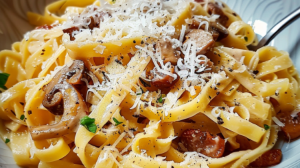 Tagliatelles à la Carbonara aux Champignons Depuis recettemoderne.com