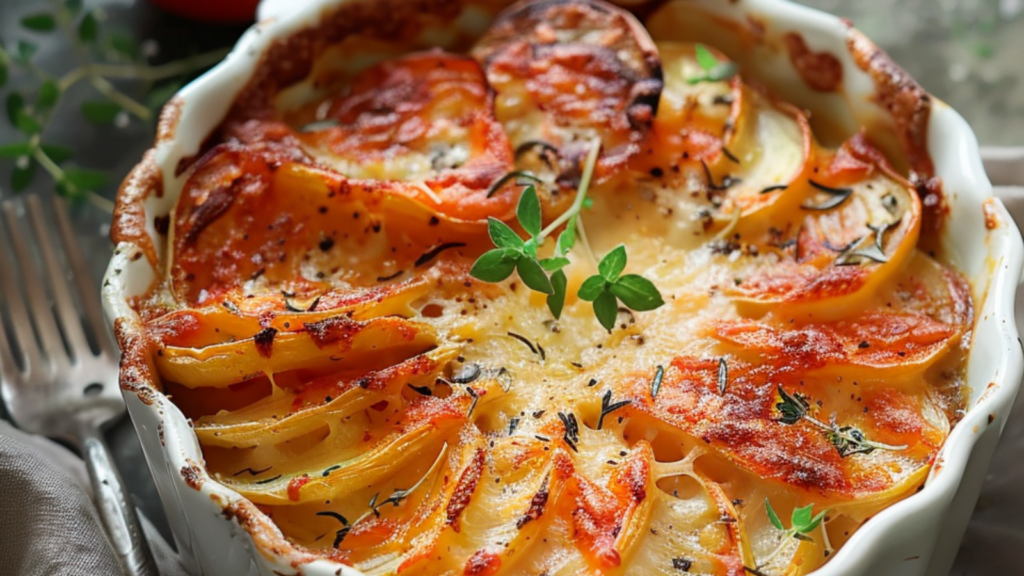 Gratin de Pommes de Terre et Tomates à la Béchamel depuis recettemoderne.com