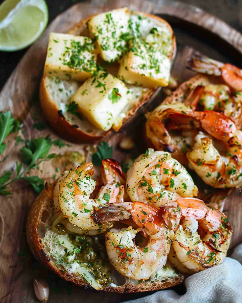 Pain à l'Ail et au Fromage avec Crevettes Grillées Depuis recettemoderne.com