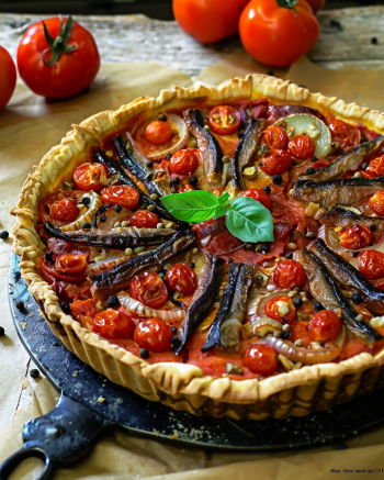 Tarte aux tomates, oignons et anchois Depuis recettemoderne.com