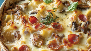 Gratin de pâtes aux champignons et saucisse depuis recettemoderne