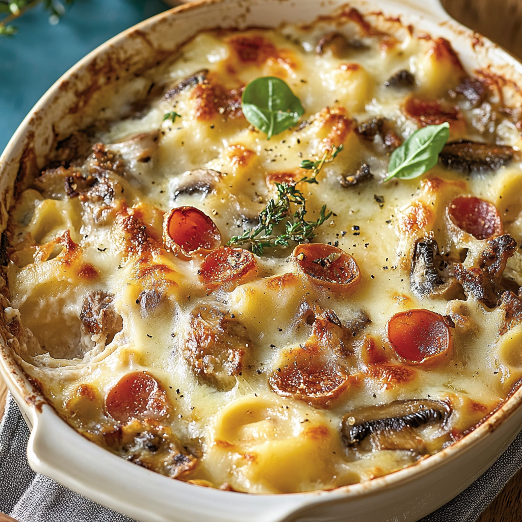 Gratin de pâtes aux champignons et saucisse depuis recettemoderne