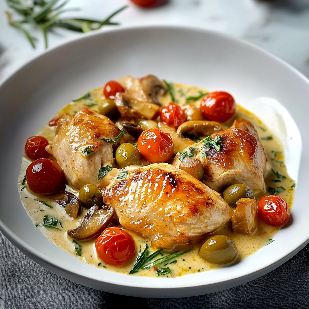Poulet sauce crémeuse à la tomate, olives et champignons depuis recettemoderne