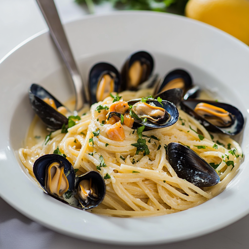 spaghetti aux moules à la crème depuis recettemodern