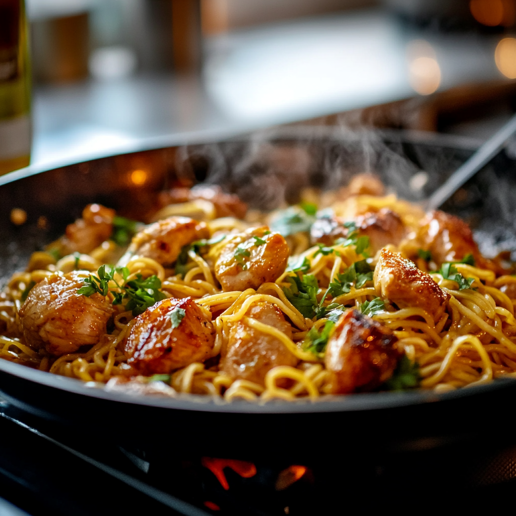 Nouilles sautées au poulet depuis recettemoderne