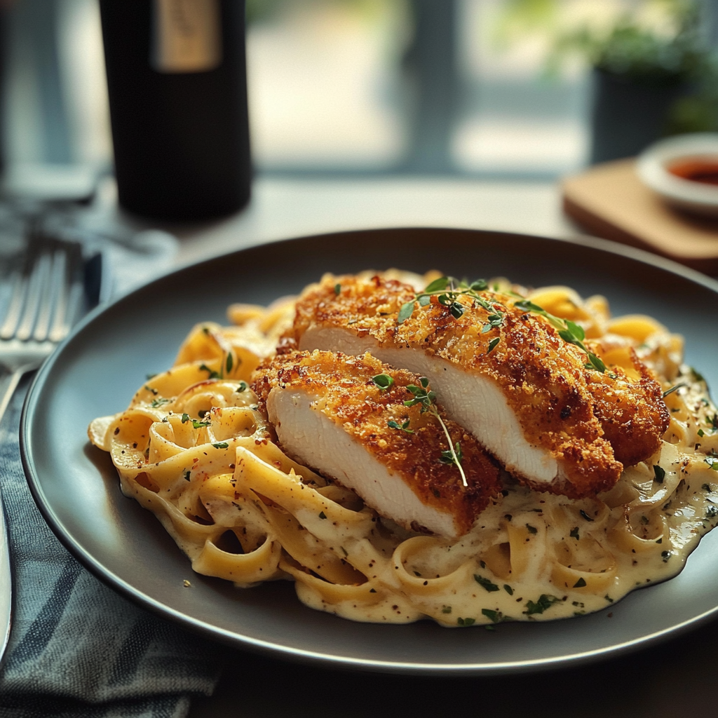 Poulet Crispy Tagliatelles Alfredo depuis recettemoderne