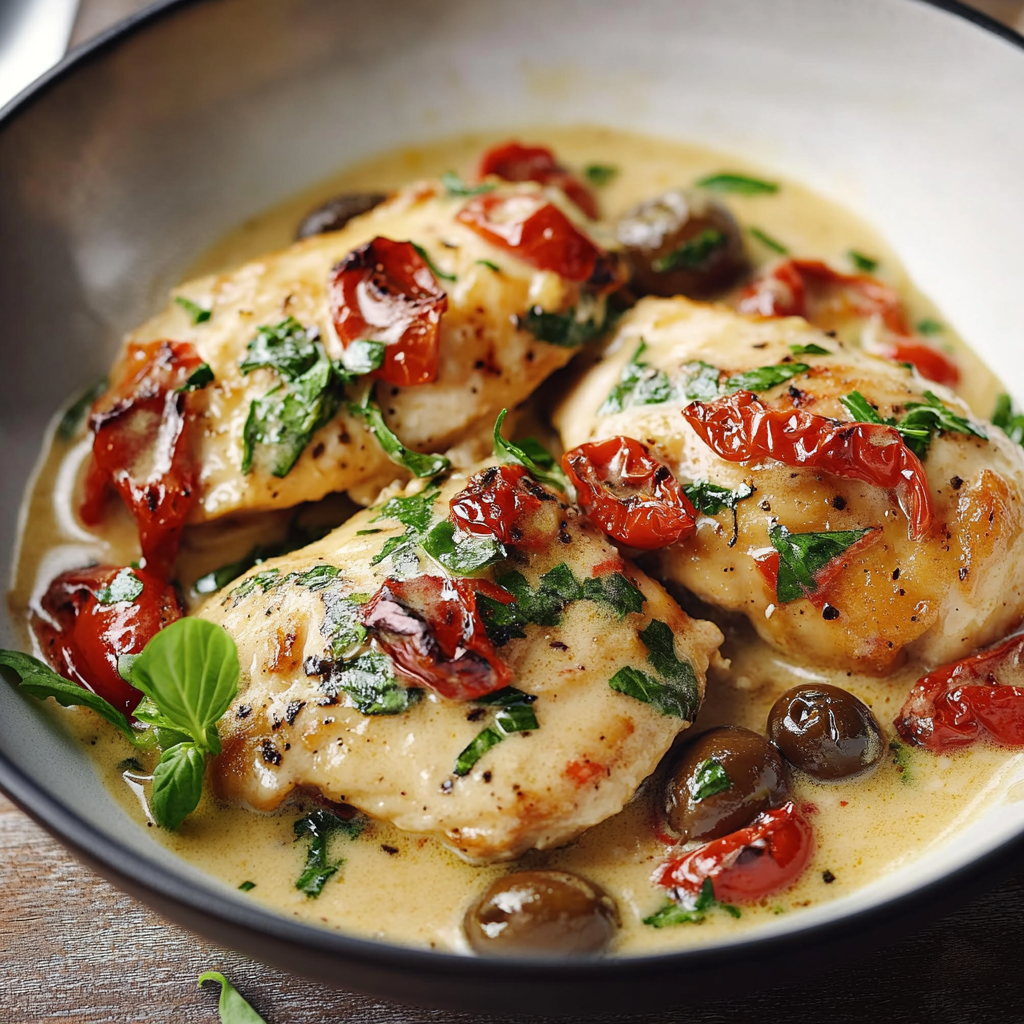 Poulet sauce crémeuse à la tomate, olives et champignons depuis recettemoderne