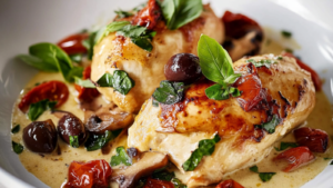 Poulet sauce crémeuse à la tomate, olives et champignons depuis recettemoderne