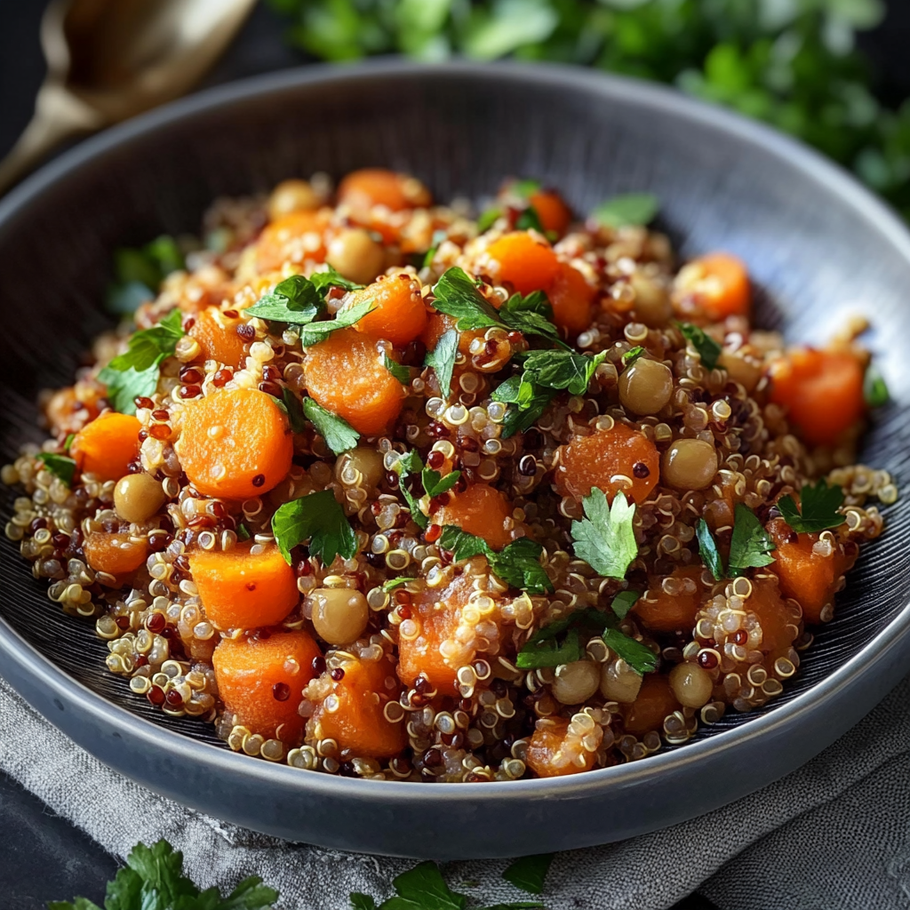 Quinoa et Boulgour Épicés aux Carottes et Pois Chiches
