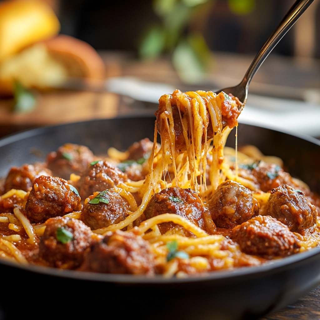 Gratin Linguine Boulettes en Sauce