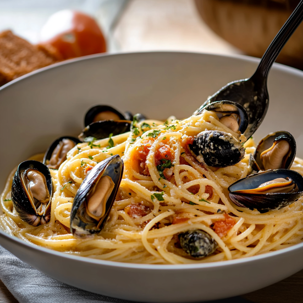 spaghetti aux moules à la crème depuis recettemodern