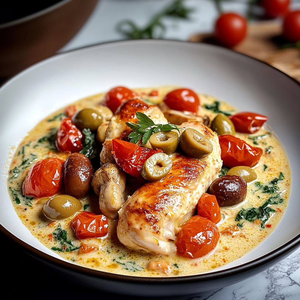Poulet sauce crémeuse à la tomate, olives et champignons depuis recettemoderne