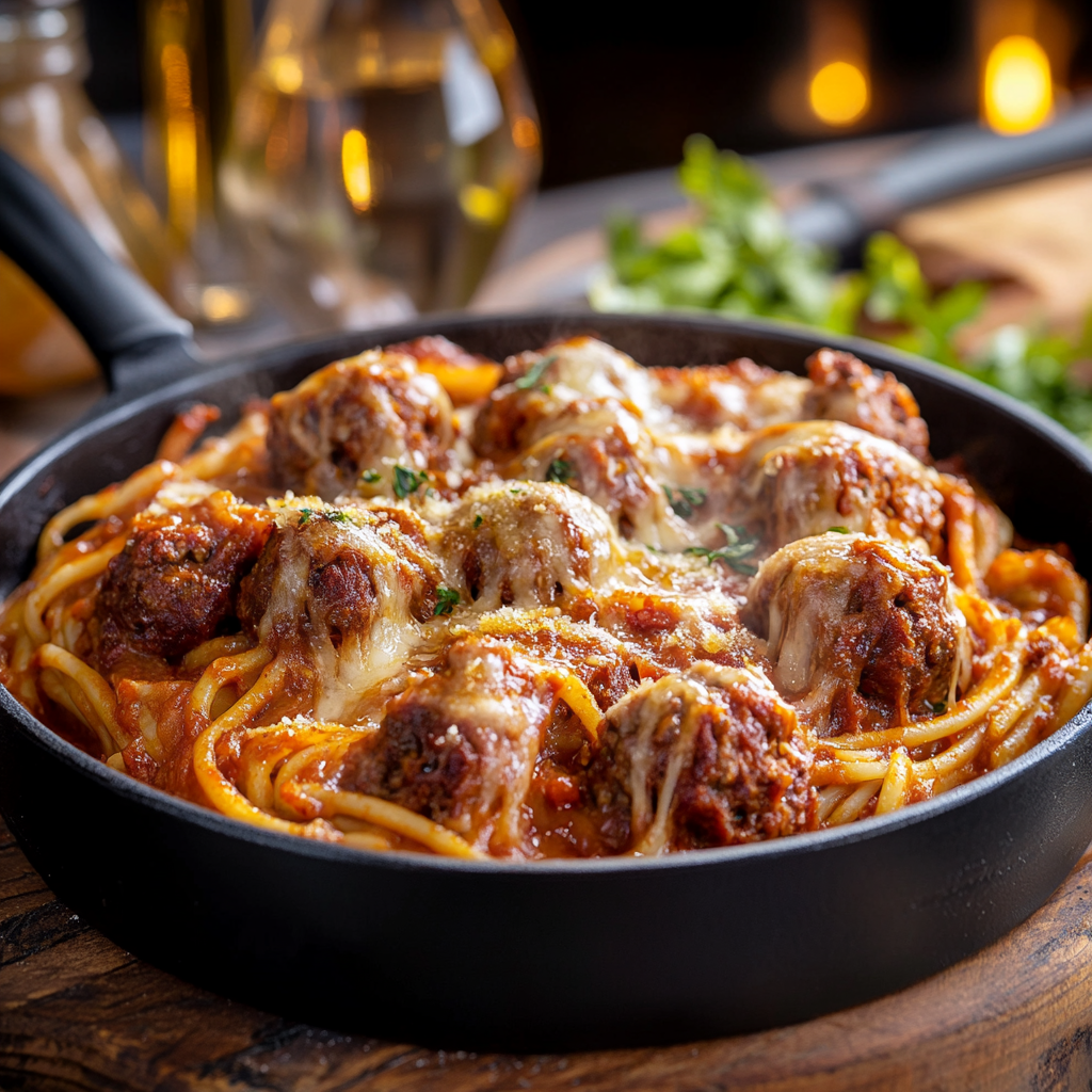 Gratin Linguine Boulettes en Sauce