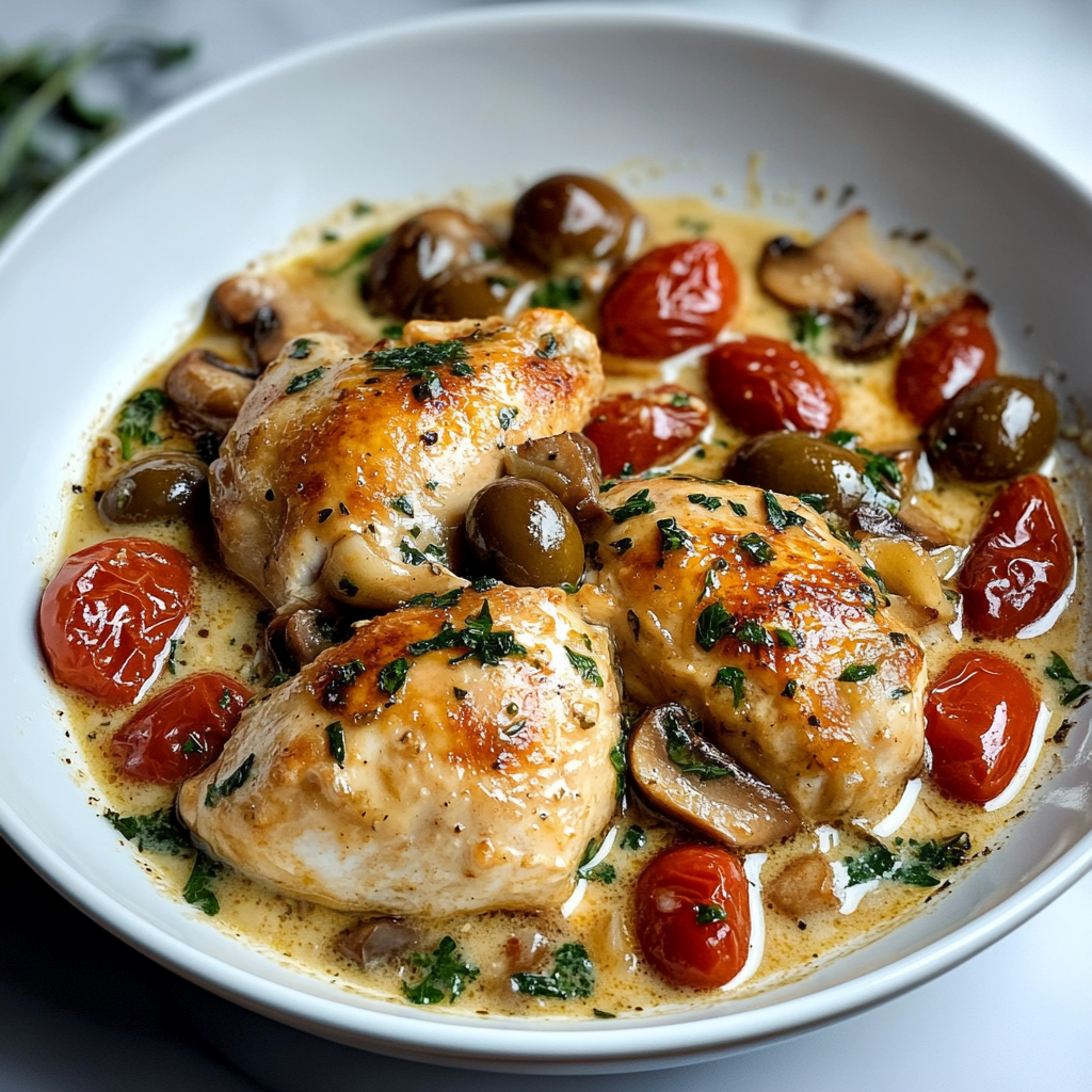 Poulet sauce crémeuse à la tomate, olives et champignons depuis recettemoderne