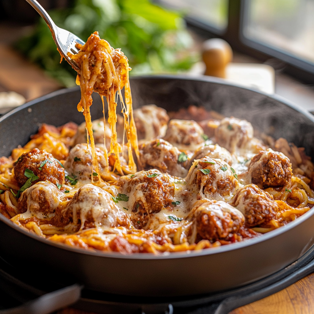Gratin Linguine Boulettes en Sauce