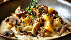 Pâtes, crème de butternut, champignons et noix depuis recettemoderne