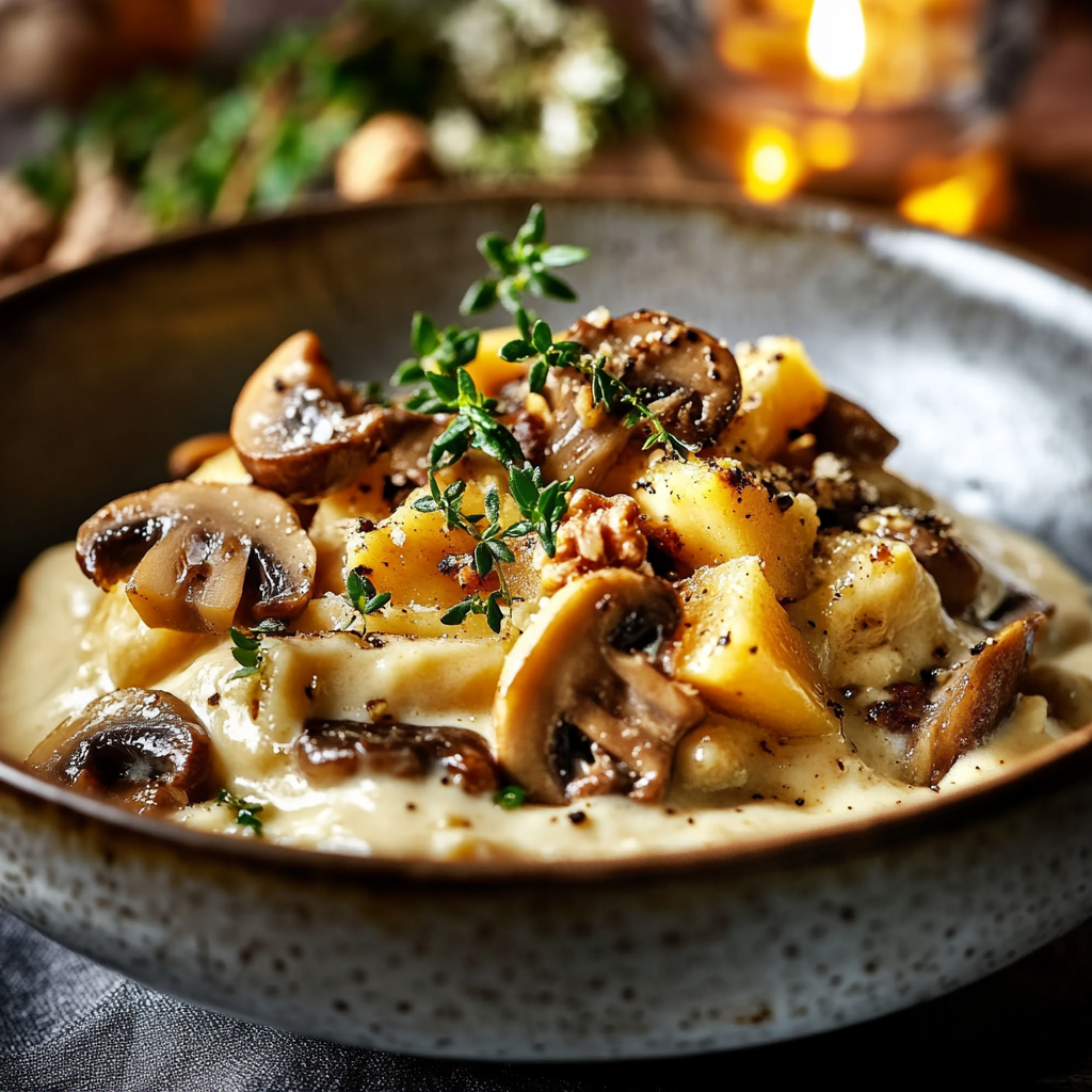 Pâtes, crème de butternut, champignons et noix depuis recettemoderne