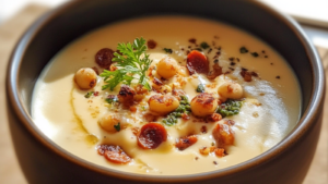 velouté de chou fleur au chorizo et noisettes depuis recettemoderne