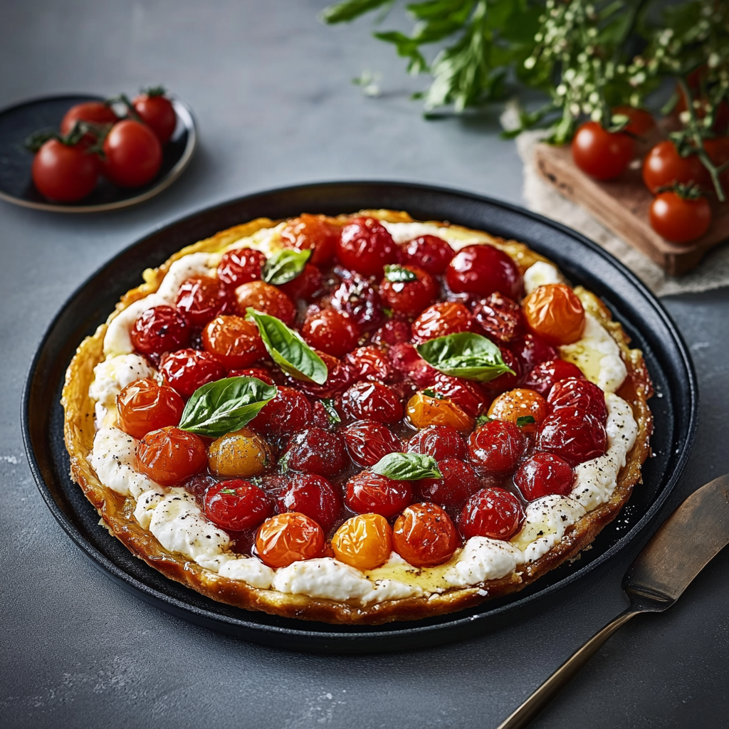 Tarte Tatin tomates cerises burrata depuis recettemoderne